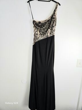 Xcite Prom Black and Beige One-Shoulder Sequin Evening Gown